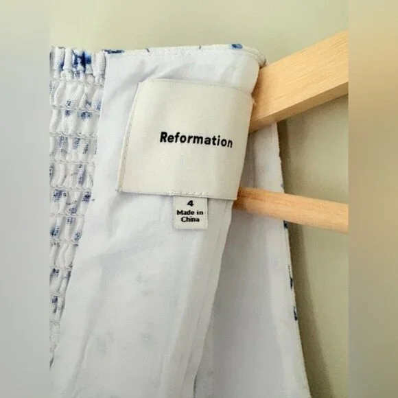 NEW Reformation Coucou Midi Linen Dress Hanna White Blue Floral | US 4 UK 8 - Picture 15 of 15